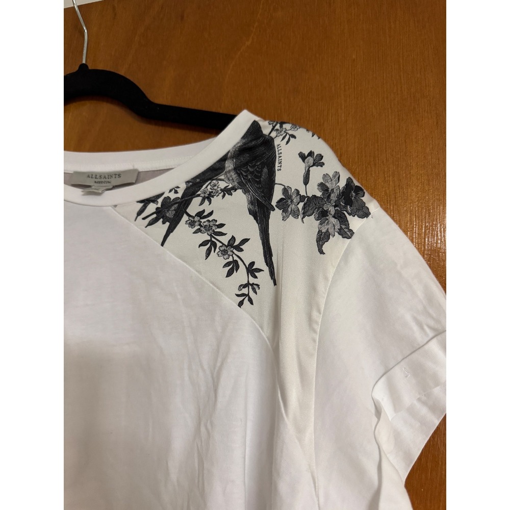 AllSaints Zala Iona Top White Floral Bird Print Mixed Media Asymmetric Medium - Picture 3 of 9
